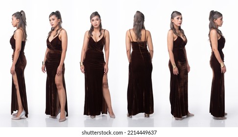 Full Length Body Asian 40s 50s Woman Wear Brown Velvet Evening Gown Long Ball High Heel Shoes. Grey Silver Hair Elegance Female Stand Poses Fashion Vintage 360 Turn Over White Background Isolated