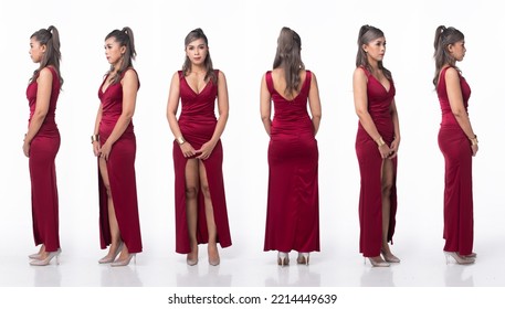 Full Length Body Asian 40s 50s Woman Wear Red Velvet Evening Gown Long Ball High Heel Shoes. Grey Silver Hair Elegance Female Stand Poses Fashion Vintage 360 Turn Over White Background Isolated