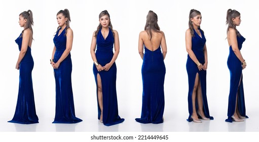 Full Length Body Asian 40s 50s Woman Wear Deep Blue Velvet Evening Gown Long Ball High Heel Shoes. Grey Silver Hair Elegance Female Stand Poses Fashion Vintage 360 Turn Over White Background Isolated