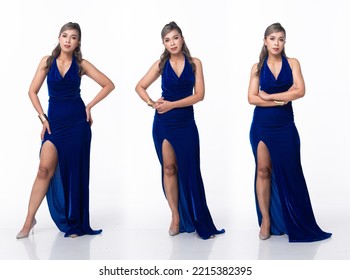 Full Length Body Asian 40s 50s Woman Wear Deep Blue Velvet Evening Gown Long Ball High Heel Shoes. Grey Silver Hair Elegance Female Stand Poses Fashion Vintage 360 Turn Over White Background Isolated