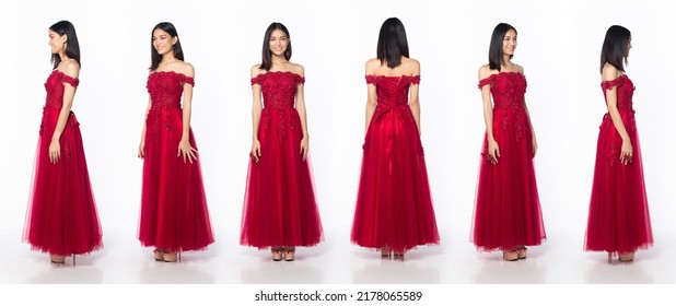 Full length body of Asian beautiful woman wear red evening sequin gown, 360 front side back rear. Young female stand express feeling happy smile over white background isolated - Powered by Shutterstock