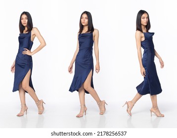 Full Length Body Of Asian Beautiful Woman Wear Blue Evening Sequin Gown, Young Female Stand Express Feeling Happy Smile Over White Background Isolated