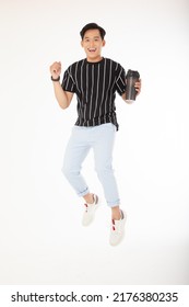 Full Length Body Of Asian Handsome Young, Sporty And Cheerful Man, Hold Whey Shake Bottle, Isolated On White Background. Concept Of Good Nutrition.