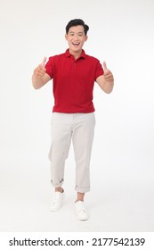 Full Length Body Portrait Of A Young Asian Handsome Man In Red Shirt, Isolated On White Background. Concept Of Confidence Male Student, Walking.