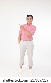 Full Length Body Portrait Of A Young Asian Handsome Man In Red Shirt, Isolated On White Background. Concept Of Confidence Male Student, Walking.