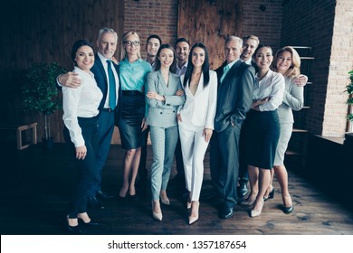 Full Length Body Size Photo Different Age Mixed Race Multi Ethnic Business People Stand Close She Her He Him His Together Best Brigade Arrange New Project Won Competition Formal Wear Jackets Shirts