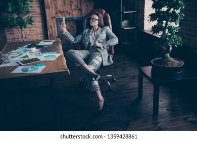 Full Length Body Size Photo Beautiful Amazing She Her Business Lady Look Telephone Smart Phone Make Take Selfies Sit Big Cozy Comfort Chair Near Window Sill Office Formal Wear Checkered Plaid Suit