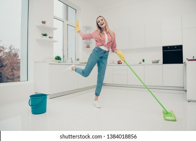 Full Length Body Size Photo Beautiful Domestic Duties She Her Lady Wash White Shiny Floor Dance Listen Playlist Audio Sound Track Wear Jeans Denim Casual Checkered Plaid Shirt Bright Light Kitchen