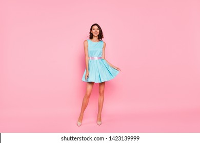 Full length body size photo beautiful she her lady graduation college university school ready chill attractive appearance wear high-heels colorful blue dress isolated pink bright vivid background - Shutterstock ID 1423139999