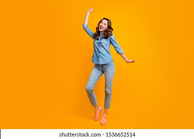 Full Length Body Size Photo Of Cheerful Positive Cute Nice Attractive Pretty Girl Dancing With Eyes Closed While No One Sees With Hair Curly Wavy Isolated Vivid Color Background