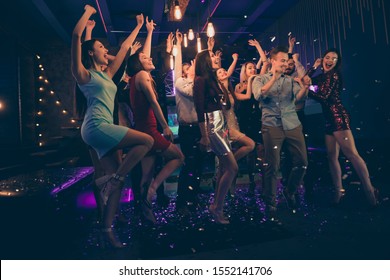 Full Length Body Size Photo Of Cheerful Charming Beautiful Young People Having Fun At Night Club Dancing In Falling Confetti Rain Standing Under Lights