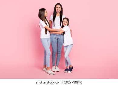 Full Length Body Size Photo Of Two Daughters Friendly Spending Time Loving Mom Happy Isolated Pastel Pink Color Background