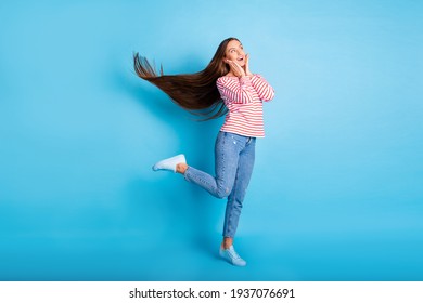 Full length body size photo funky girl looking blank space dreamy wearing stylish outfit isolated bright blue color background
