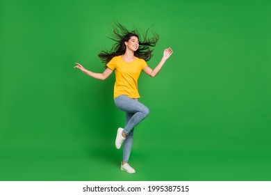 Full Length Body Size Photo Dreamy Girl Brunette Hair Dancing At Party Enjoying Music Isolated Vivid Green Color Background