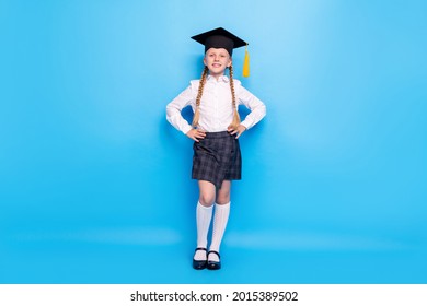 Full Length Body Size Photo Smiling Small Girl Wearing Hat Isolated Pastel Blue Color Background