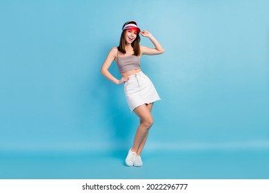 Full Length Body Size Photo Pretty Woman Wearing Headwear White Skirt Isolated Pastel Blue Color Background