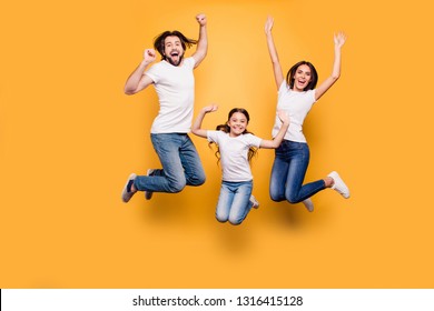 Full Length Body Size Portrait Of Nice Lovely Adorable Attractive Positive Cheerful People Dad Daddy Mom Mommy Spending Spare Free Time Isolated Over Shine Vivid Pastel Yellow Background