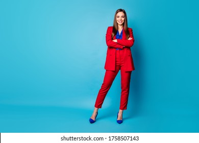 Full Length Body Size Profile Side View Of Her She Nice-looking Attractive Pretty Cheerful Cheery Office Lady Folded Arms Posing Isolated Over Bright Vivid Shine Vibrant Blue Color Background