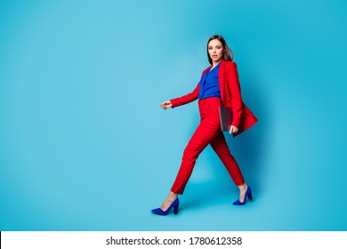 Full Length Body Size Profile Side View Of Her She Nice-looking Attractive Pretty Gorgeous Luxury Office Lady Walking Carrying Laptop Isolated Over Bright Vivid Shine Vibrant Blue Color Background