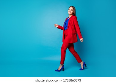 Full Length Body Size Profile Side View Of Office Lady Strolling Isolated Over Bright Vivid Shine Vibrant Blue Color Background