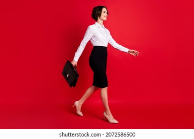 Full length body size side profile photo business woman walking forward carrying leather bag smiling isolated vivid red color background