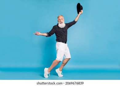 Full Length Body Size Sie Profile Photo Man Dancing With Black Hat Isolated Pastel Blue Color Background