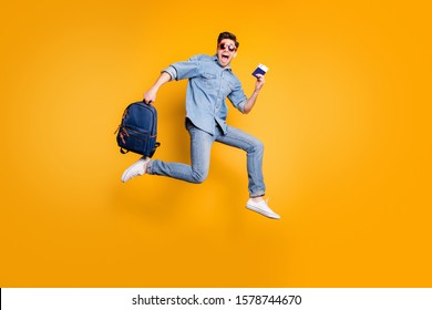 Full Length Body Size Turned Photo Of Screaming Man Running Jumping Towards Airport In White Shoes And Satchel In Hands Isolated Vivid Yellow Color Background