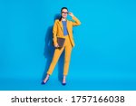 Full length body size view of her she nice-looking attractive classy chic gorgeous lady leader shark touching specs holding in hand laptop isolated bright vivid shine vibrant blue color background