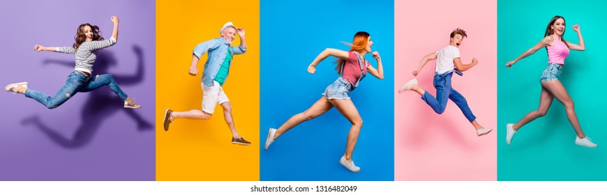 Full Length Body Size View Photo Portrait Collage Of Running Sporty People In Striped T-shirt Overalls Looking In Front Striving Progress Active Life Isolated On Bright Colorful Different Background