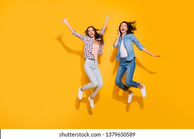Full length body size view photo lovely fellows fellowship satisfied glad free time weekends travel beautiful spring summer raise hands arms scream shout checked shirt isolated yellow background - Shutterstock ID 1379650589