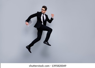 Full length body size view portrait of his he nice attractive strong guy professional experienced executive manager financier carrying laptop career growth isolated over light gray background