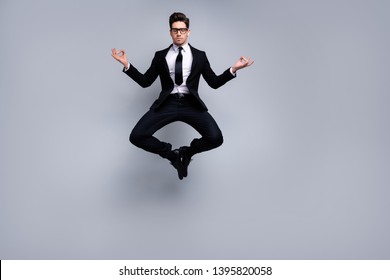 Full Length Body Size View Portrait Of Nice Attractive Calm Guy Executive Leader Expert Development Agent Broker Manager Financier Banker Weightlessness Zero Gravity Isolated On Light Gray Background