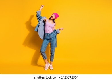 Full Length Body Size View Photo Charming Youth Model Free Time Vacation Enjoy Holiday Occasion Nightlife Night Life Person Wear Fashionable She Her Outfit Sneakers Isolated Yellow Bright Background