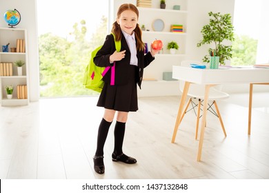 Full Length Body Size View Photo Lovely Charming Cute Kid Hold Hand Snack Ready Get Knowledge Black Jacket She Her Skirt Boots Shirt Blouse Standing Big Light Class Room Foxy Ginger Haircut Hairstyle