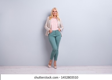 Full Length Body Size View Portrait Of Her She Nice-looking Attractive Stylish Content Cheerful Cheery Gray-haired Lady Granny Over Light White Gray Background