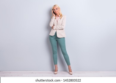 Full Length Body Size View Portrait Of Her She Nice-looking Attractive Stylish Focused Busy Grey-haired Lady Ceo Boss Chief Calling Partner Isolated Over Light White Gray Background