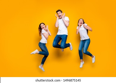 Full Length Body Size View Portrait Of Three Nice Attractive Scared Worried Funny Funky Person Expressing Fear Feeling Isolated Over Bright Vivid Shine Yellow Background