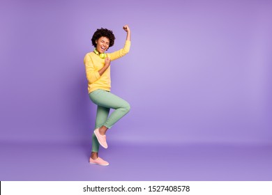 Full length body size view of her she nice attractive cheerful cheery crazy overjoyed dreamy wavy-haired girl listening music celebrating isolated over violet purple lilac pastel color background - Shutterstock ID 1527408578