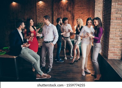 Full Length Body Size View Of Nice Attractive Trendy Cheerful Cheery Friendly Guys People Discussing Vacation Meeting Festal Day Event At Modern Industrial Loft Brick Wood Style Interior House