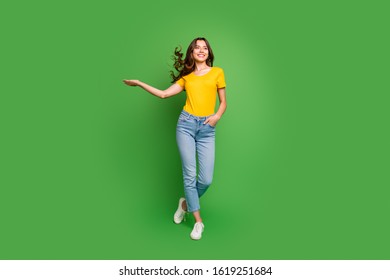 Full length body size view of nice attractive lovely slim fit thin dreamy cheerful cheery wavy-haired girl having fun throwing hair isolated on bright vivid shine vibrant green color background - Shutterstock ID 1619251684