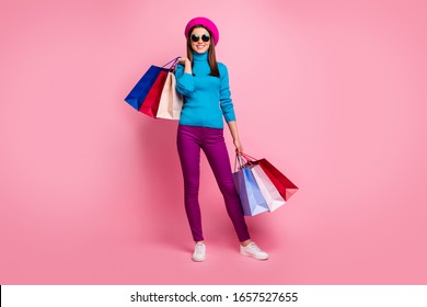 Full length body size view of her she nice-looking fashionable attractive lovely cheerful cheery girl carrying bags spending free time weekend holiday isolated over pink pastel color background - Shutterstock ID 1657527655