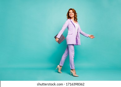 Full Length Body Size View Of Nice Attractive Pretty Elegant Cheerful Foxy Ginger Wavy-haired Lady Walking Carrying Laptop Isolated On Bright Vivid Shine Vibrant Blue Green Turquoise Color Background