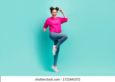 Full length body size view of nice attractive lovely ecstatic cheerful cheery wavy-haired girl having fun dancing rejoicing isolated on bright vivid shine vibrant green blue color background - Shutterstock ID 1721845372