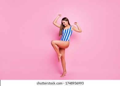 Full length body size view of her she nice-looking attractive lovely adorable stunning cheerful glad straight-haired girl dancing having fun resting isolated over pink pastel color background