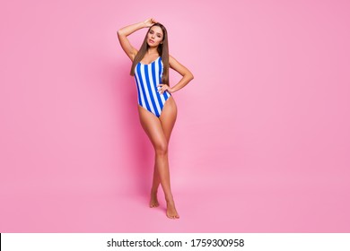 Full length body size view of her she nice-looking attractive lovely stunning adorable fascinating thin slender straight-haired girl posing walking enjoying isolated over pink pastel color background