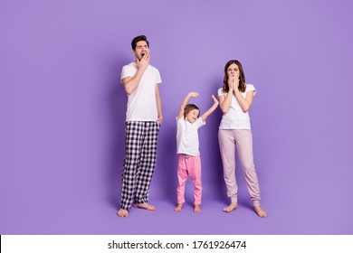 Full Length Body Size View Of Nice Sleepy Family Dad Mom Offspring Daughter Wearing Pajama Waking Up Stretching Yawning Day-off Dreaming Isolated Bright Vivid Shine Vibrant Violet Color Background