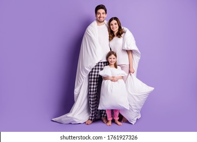 Full Length Body Size View Of Cheerful Family Small Little Daughter Wearing Pajama Carrying Pillow Covered Duvet Healthy Regime Bedtime Isolated On Bright Vivid Shine Vibrant Violet Color Background