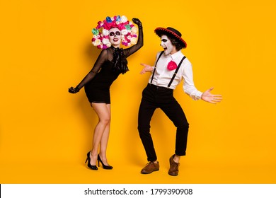 Full Length Body Size View Of His He Her She Nice Glamorous Spooky Cheerful Zombie Couple Dancing Calavera Catrina Event Having Fun Isolated Bright Vivid Shine Vibrant Yellow Color Background