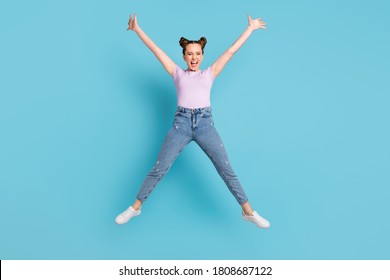 Full length body size view of her she attractive lovely crazy overjoyed cheerful cheery girl wearing casual look jumping having fun isolated over blue pastel color background - Shutterstock ID 1808687122