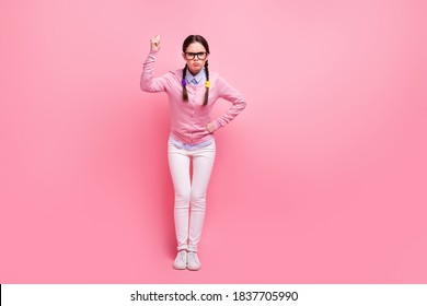 Full Length Body Size View Of Her She Ugly Sullen Strict Mad Brown-haired Girl Teacher Tutor Wearing Casual Uniform Conflict Study Education Isolated Over Pink Pastel Color Background